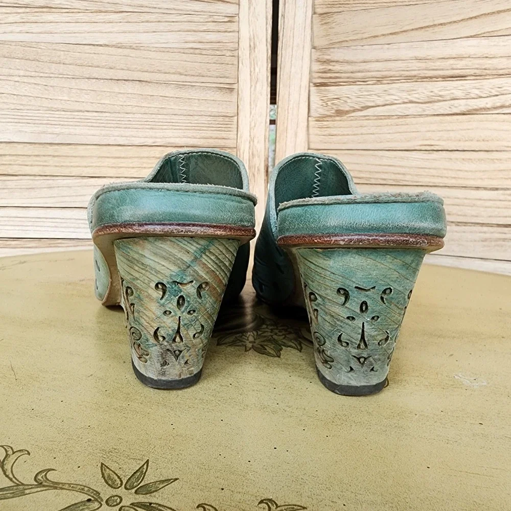 Neosens EU 38 US 7.5 8 Anthropologie Green Leather Wedge Sandals Mules Boho
